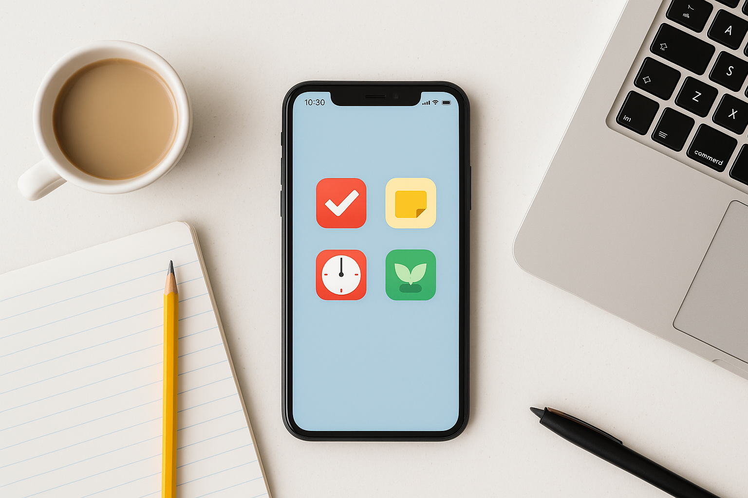 Mesa organizada com smartphone mostrando apps de estudo e produtividade