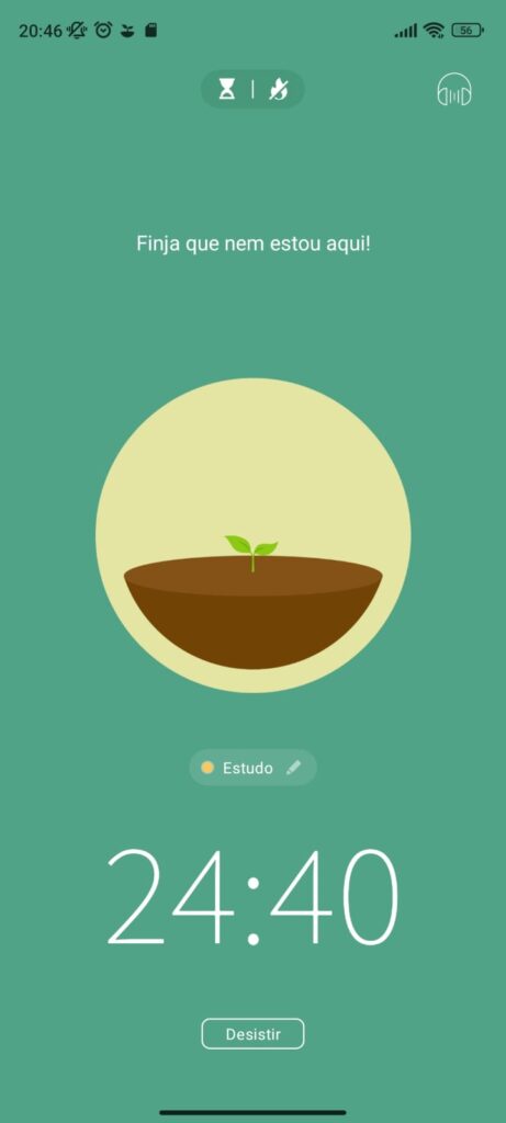 Tela do app Forest com árvore crescendo durante o foco