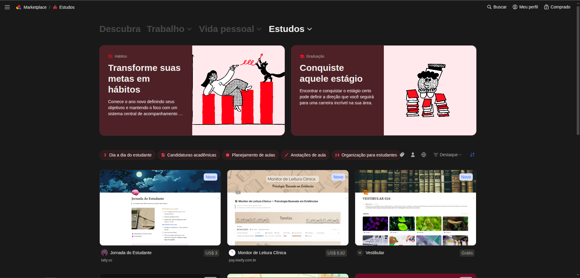 Modelos de projetos no Notion para estudos.