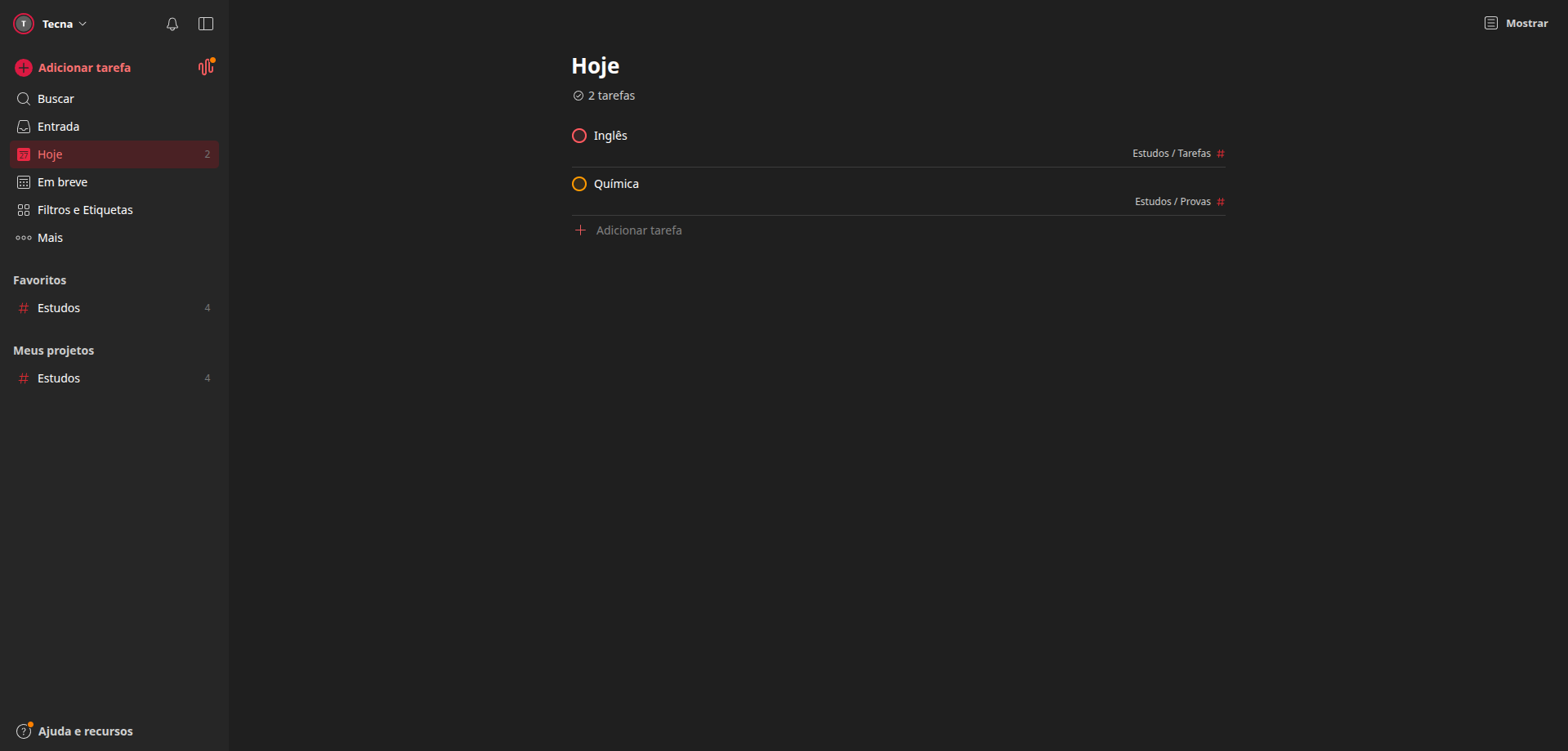Interface do aplicativo Todoist mostrando lista de tarefas