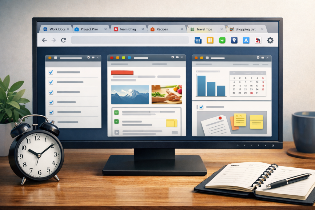 Extensões de navegador organizando abas e tarefas para aumentar a produtividade sem travar o PC.