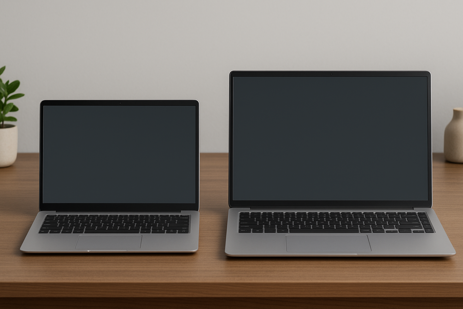 Comparação entre notebook 14 polegadas e 15,6 polegadas em mesa de estudo.