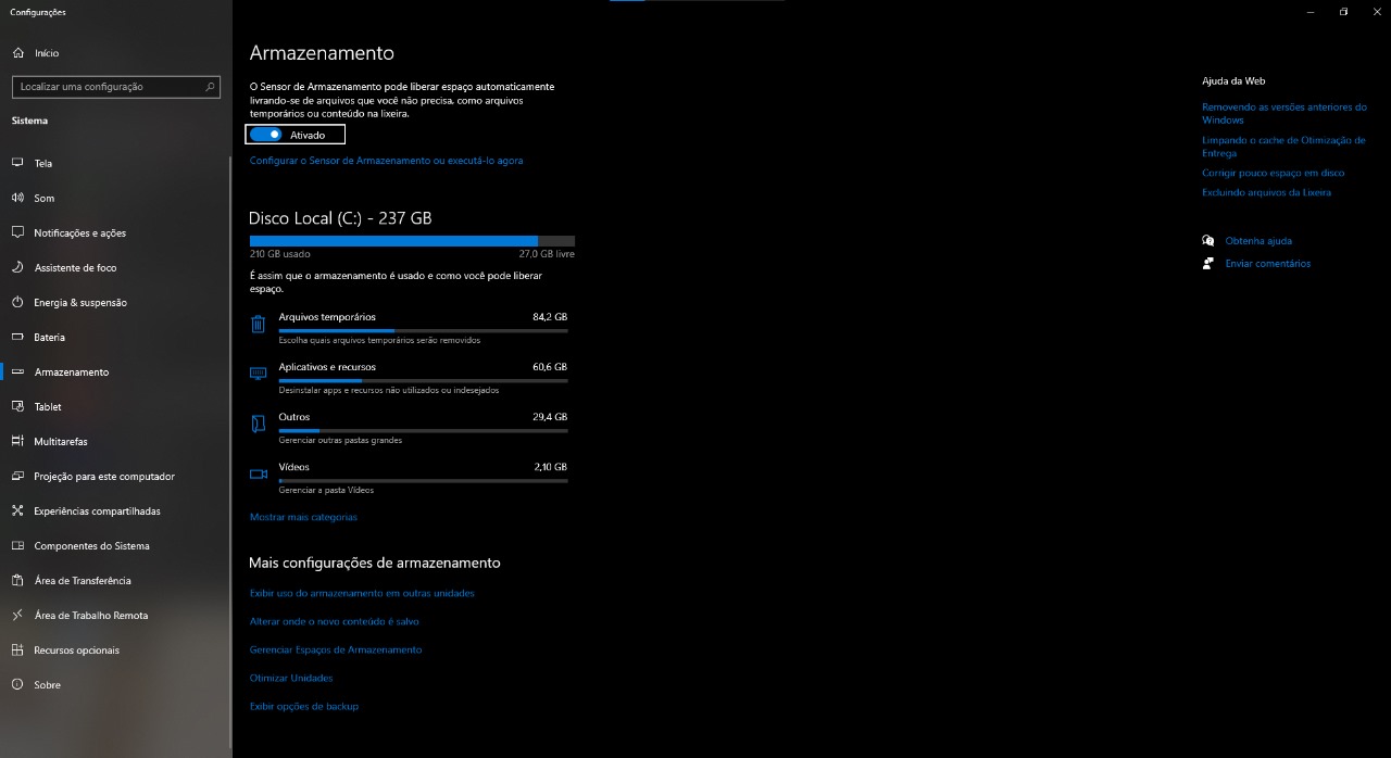 Limpeza de arquivos temporários na tela de armazenamento do Windows.