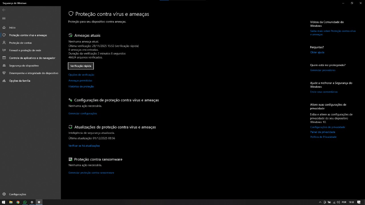 Tela de verificação de vírus no Windows Defender.