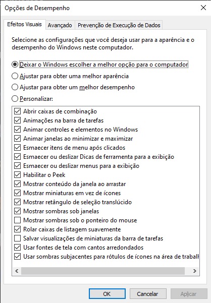 Ajustes de efeitos visuais no Windows para melhorar desempenho.