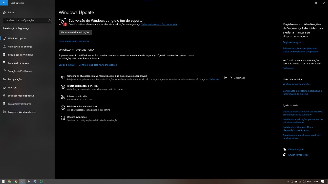 Atualizações do Windows disponíveis para instalação.