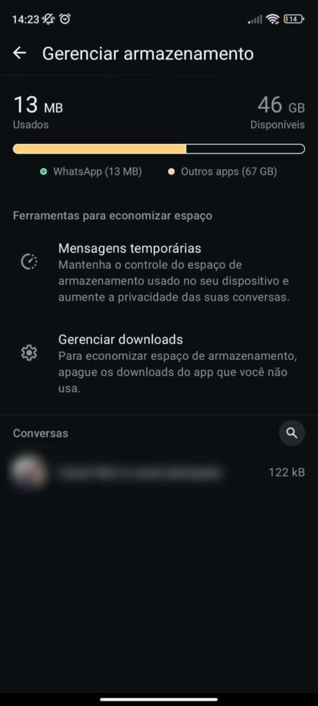 Tela de gerenciamento de armazenamento do WhatsApp mostrando quanto espaço está sendo usado.