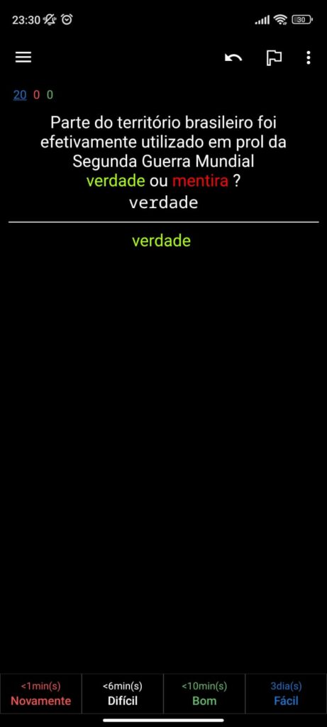 Tela do aplicativo Anki mostrando um flashcard de revisão de conteúdo