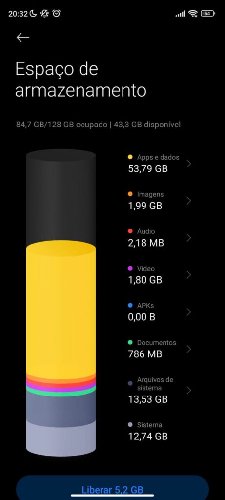 Tela de configuração de armazenamento do celular mostrando quais tipos de arquivos ocupam mais espaço.