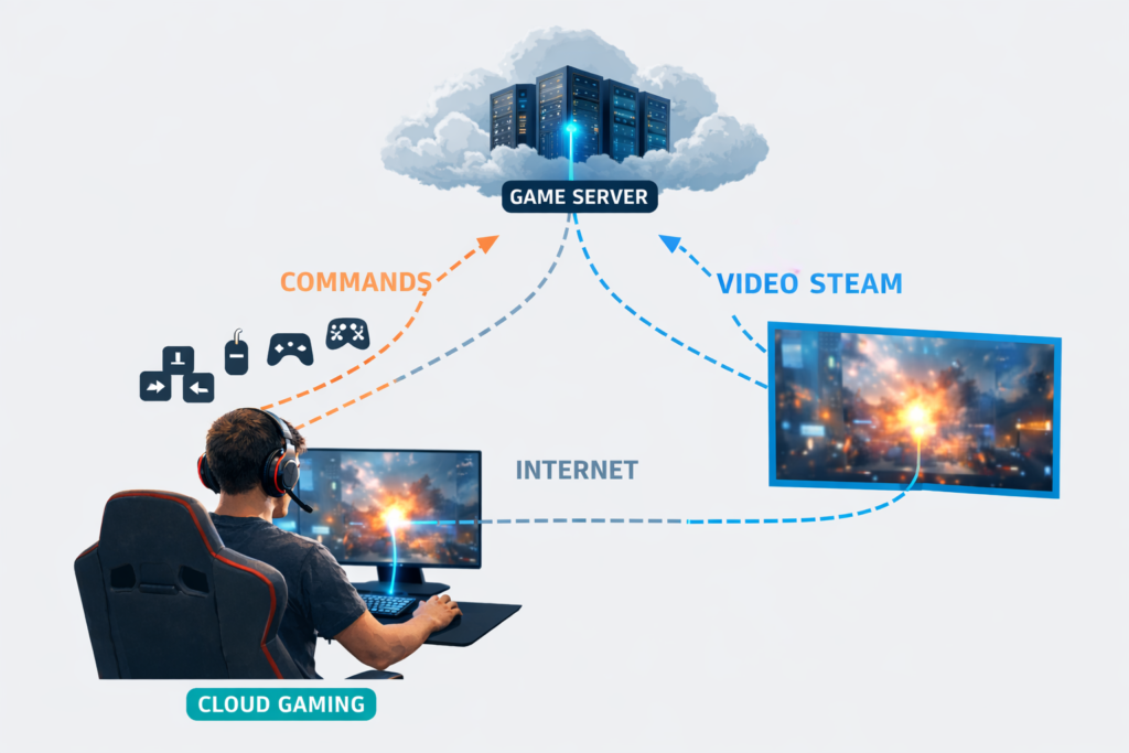 Esquema mostrando comandos indo até o servidor na nuvem e o vídeo de volta para o jogador no cloud gaming.