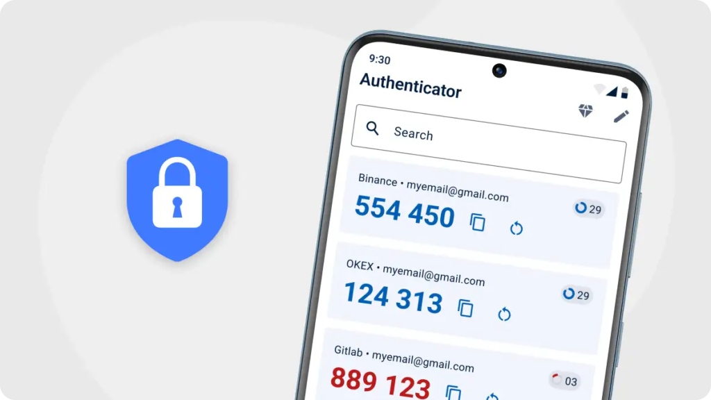 Tela de aplicativo autenticador exibindo códigos temporários de autenticação em duas etapas.